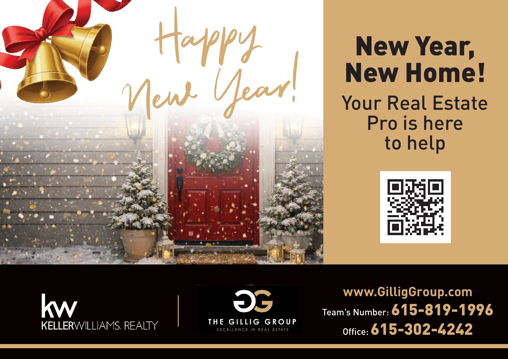 The Gillig Group New Year, New Home postcard with a red front door and snow-dusted trees