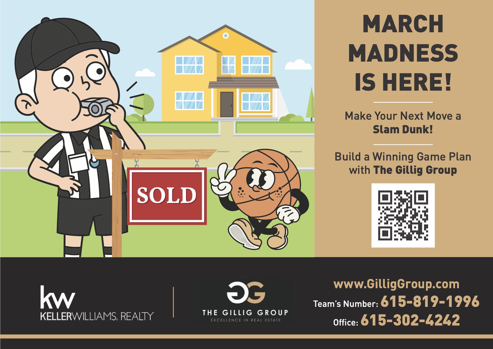 The Gillig Group March Madness postcard with a referee and a basketball beside a SOLD sign